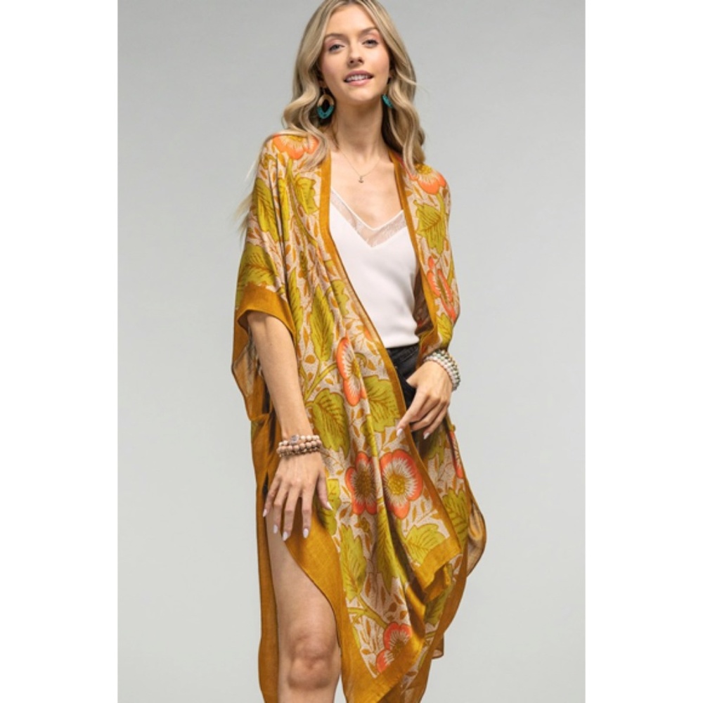 SOLD OUT Retro Vintage 70's Style Floral Leaf Print Kimono Open Wrap Coverup Top - Picture 2 of 6